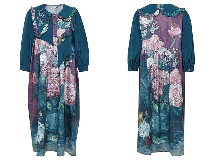 牡丹と薔薇のある器と花瓶の菊と野の花々のフリルワンピース