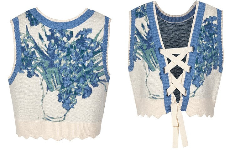 花瓶の向日葵とアイリスのニットベスト