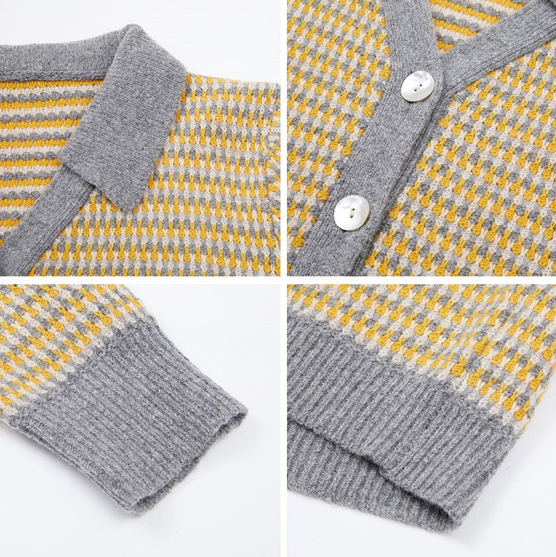 鬱金格子縞のショートカーディガン