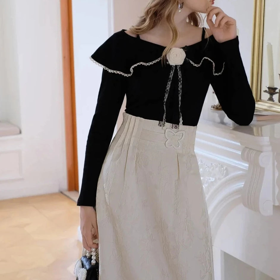 Paris Off Shoulder Knit and Embroidery High Waist Skirt – remulia