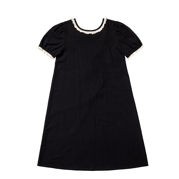 Back bow hollowed-out short-sleeved lantern-sleeved little black dress