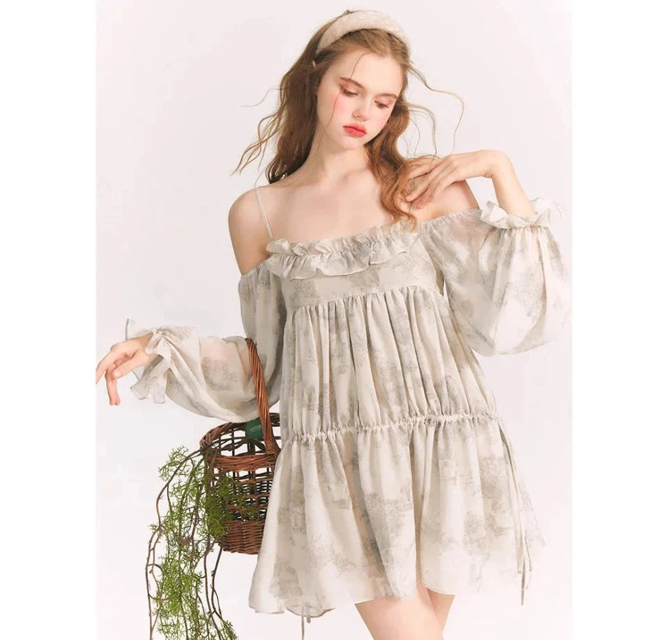 薄墨の邸宅画ストラップワンピース