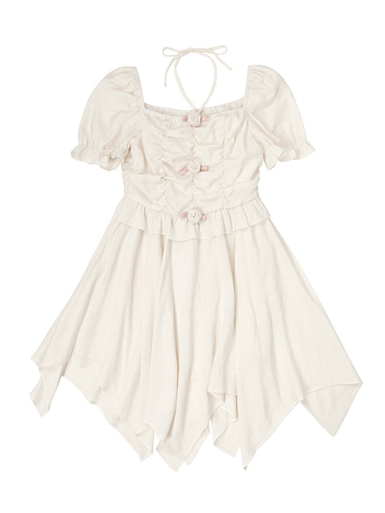 Beige square collar dress rose irregular skirt