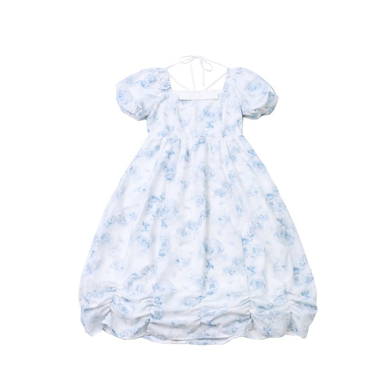 Blue print square neck dress mid-length princess dress