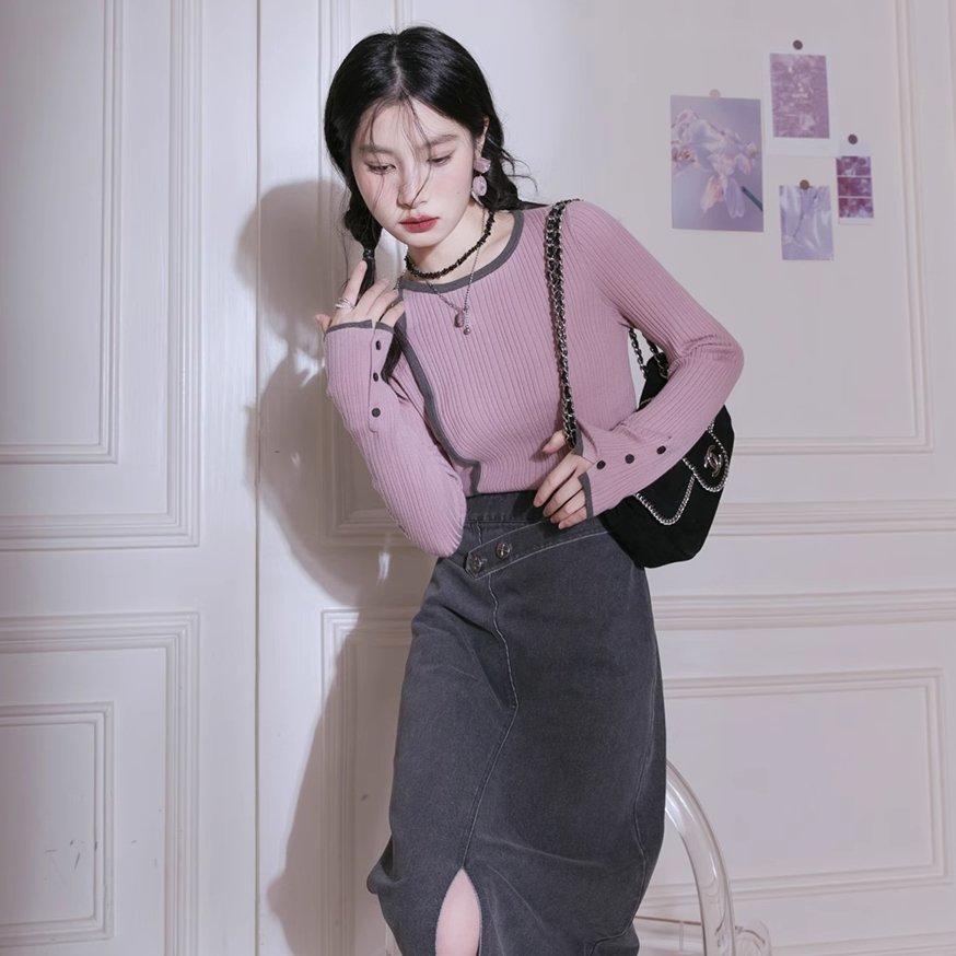 Bottom shirt with gray pink plum strips