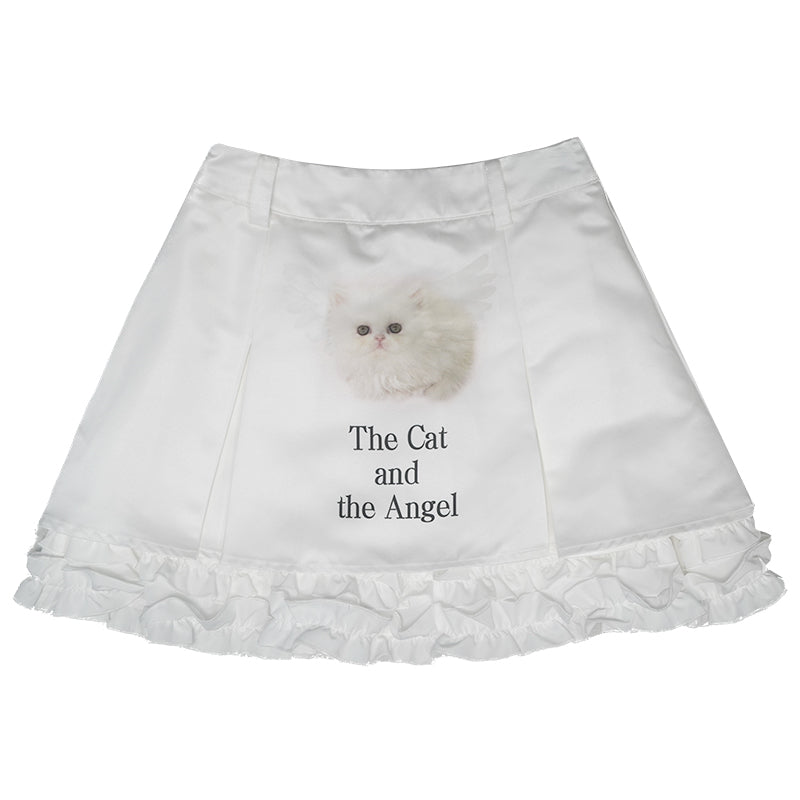 Cat print lace plump pleats short skirt