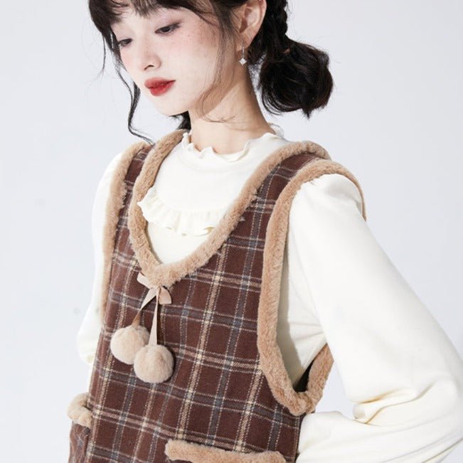 Coffee color plaid fur ball strapless sleeveless dress