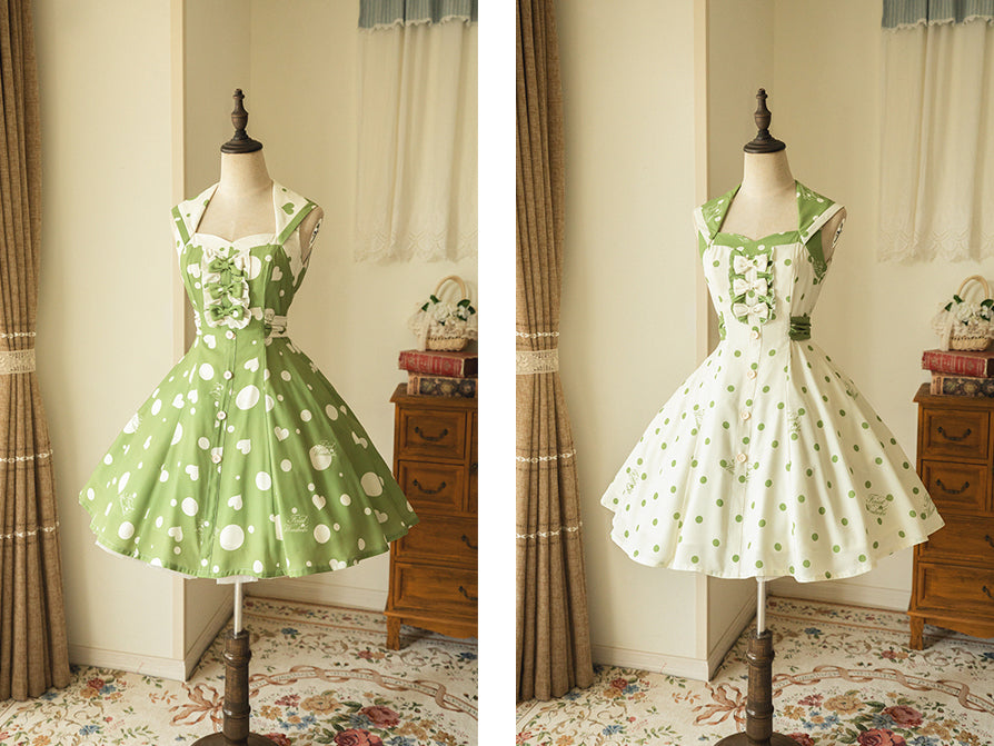 若葉のお嬢様の水玉レトロワンピース