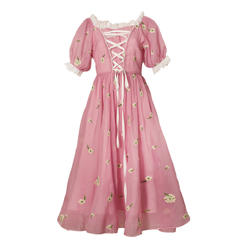 槿花色の花刺繍フレンチワンピース