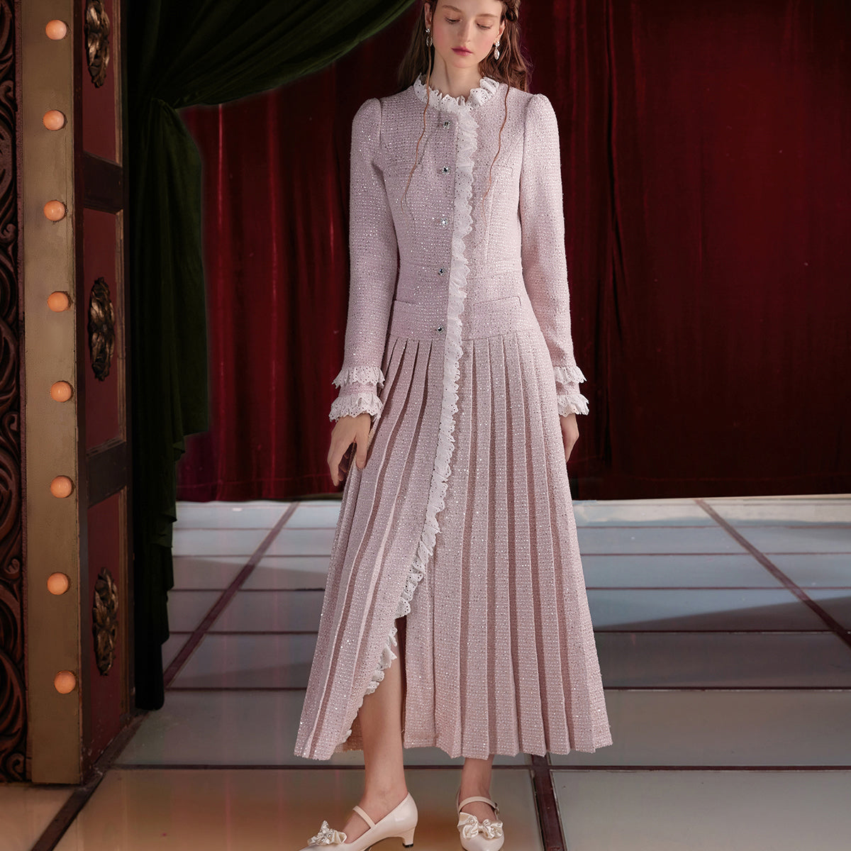Pale purple lady's tweed pleated dress – remulia Pale purple lady's tweed pleated dress – remulia