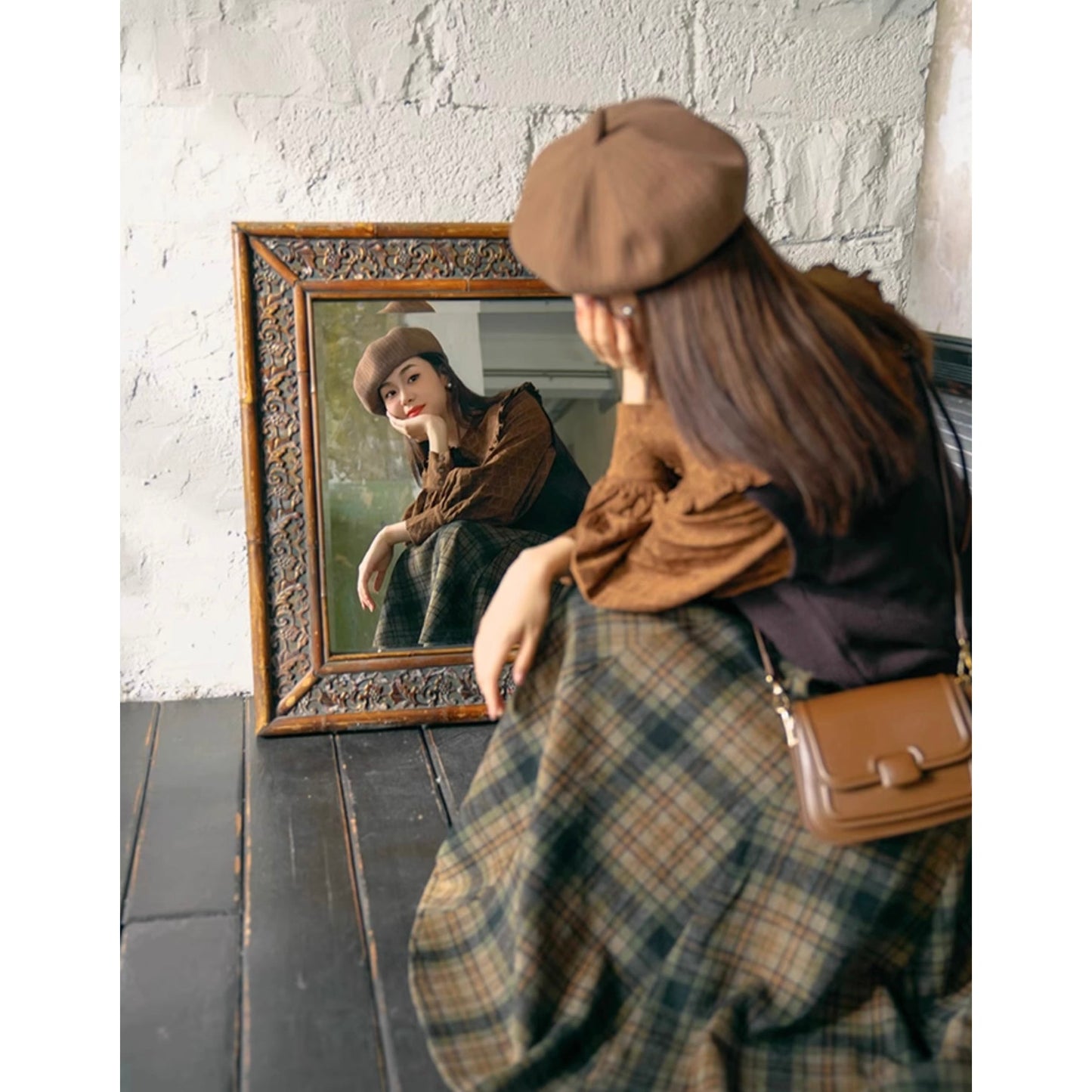 墨緑の格子柄レトロアンブレラスカート