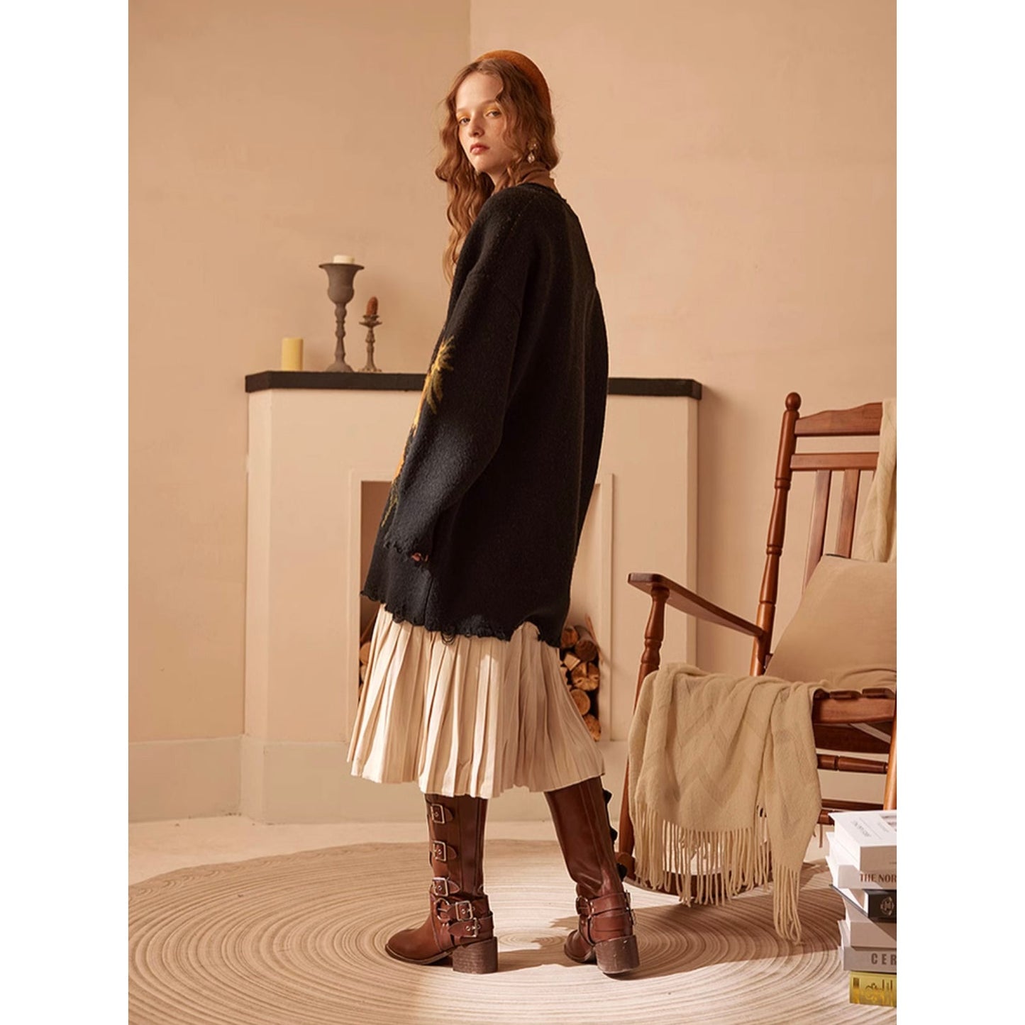 向日葵の花と猫の刺繍ルーズニットセーター