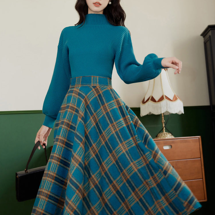 Jade plaid retro skirt and puff sleeve sweater – remulia