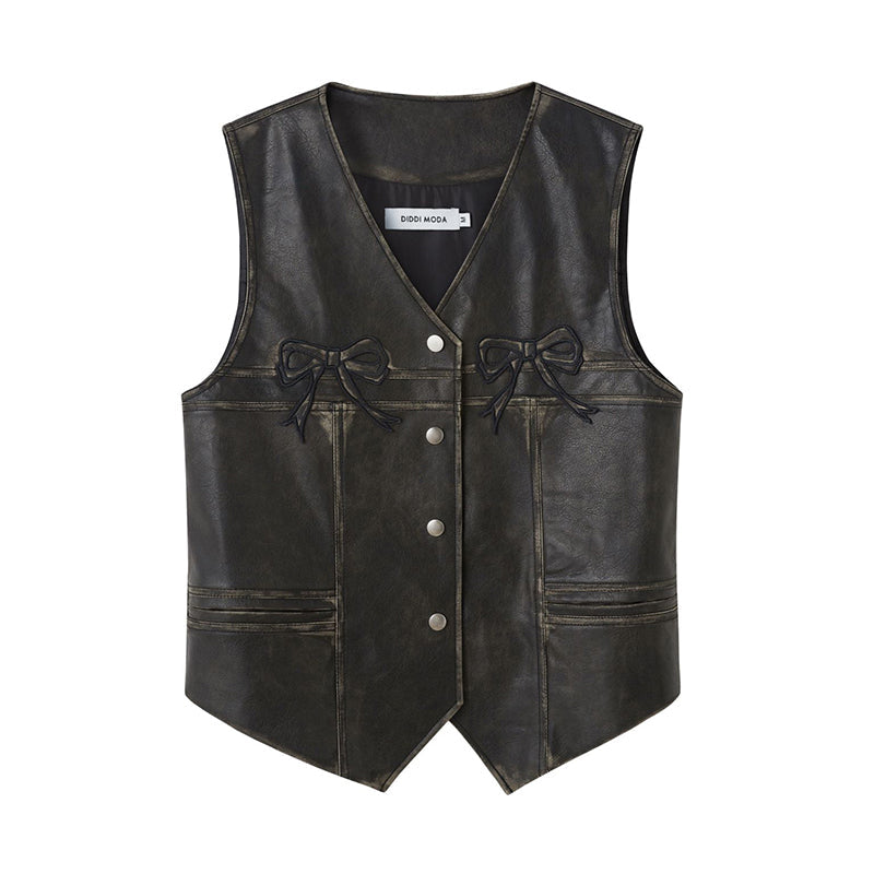 Retro Leather Vest with Ribbon