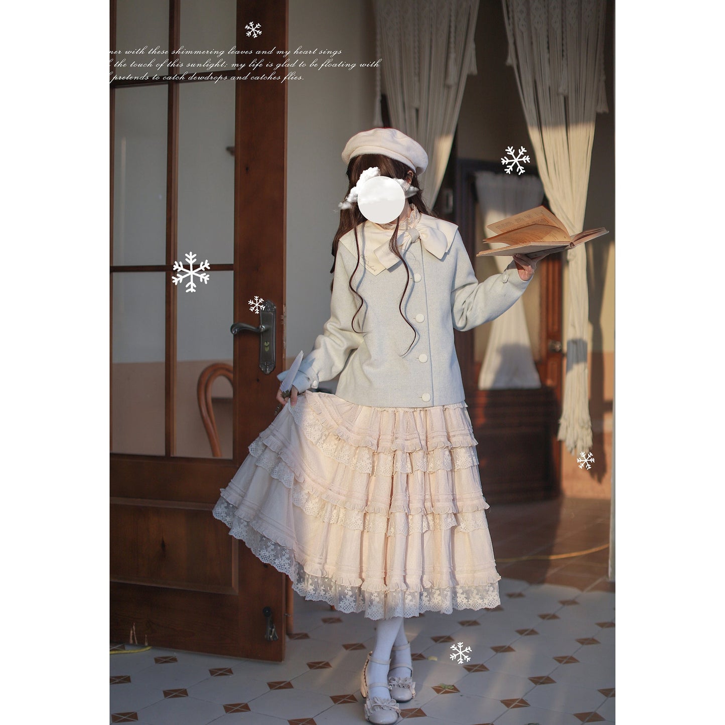 青白のお嬢様の文学リボンジャケットとプリーツスカート