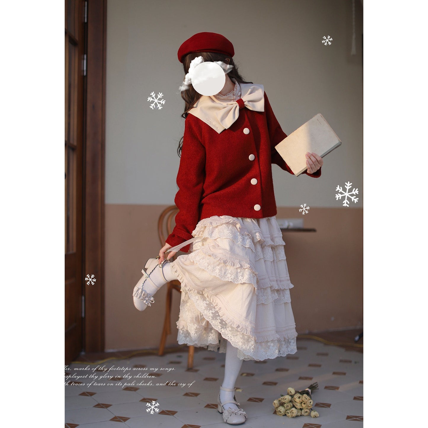 深紅のお嬢様の文学リボンジャケットとプリーツスカート