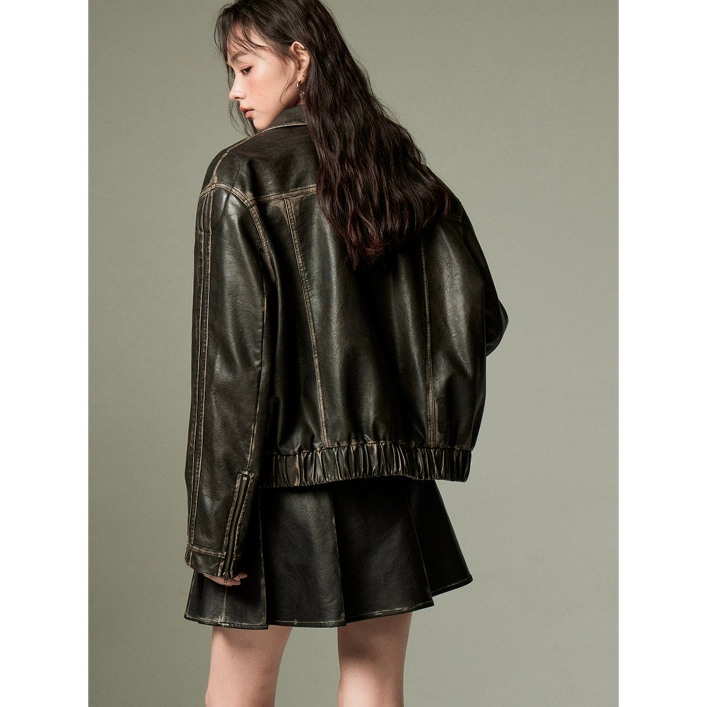 Retro Leather Jacket with Ribbon