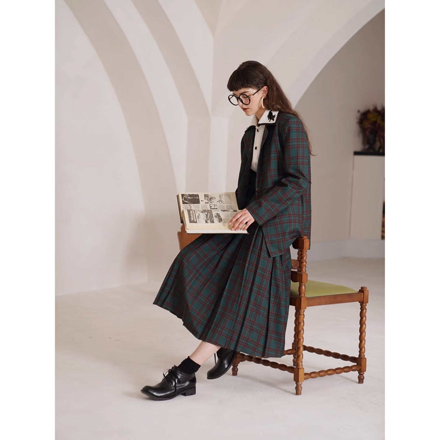 深緑の格子柄レトロジャケット