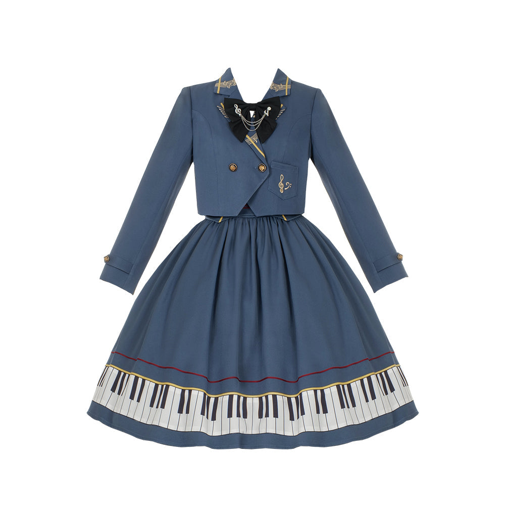 灰藍の鍵盤柄ジャンパースカートと文学ショートジャケット