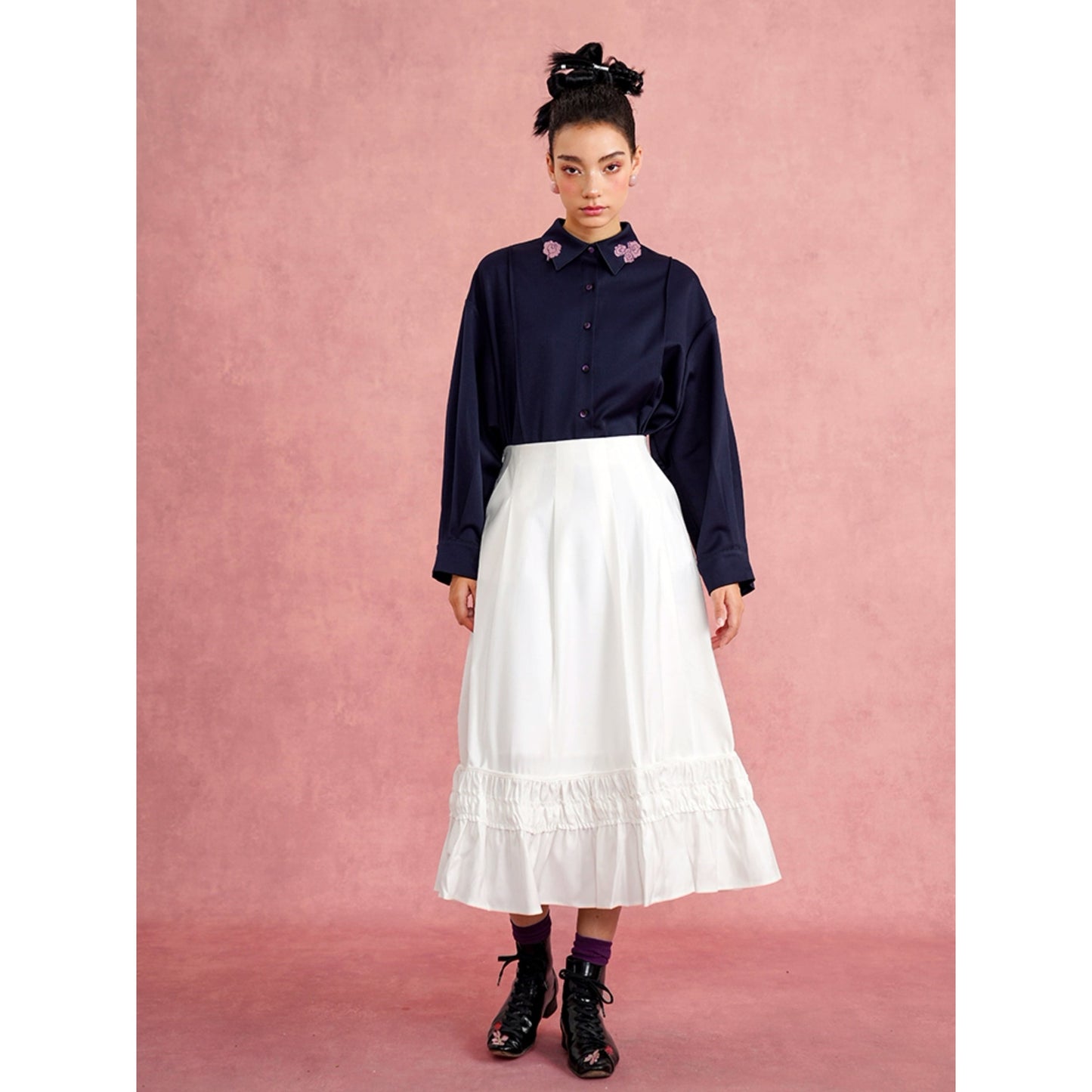 白木蓮の花色フリルフレアスカート