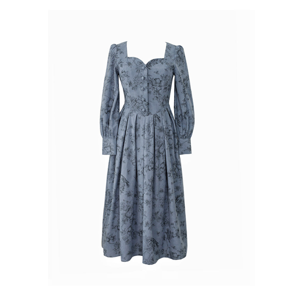 薄墨の花柄コーデュロイワンピース