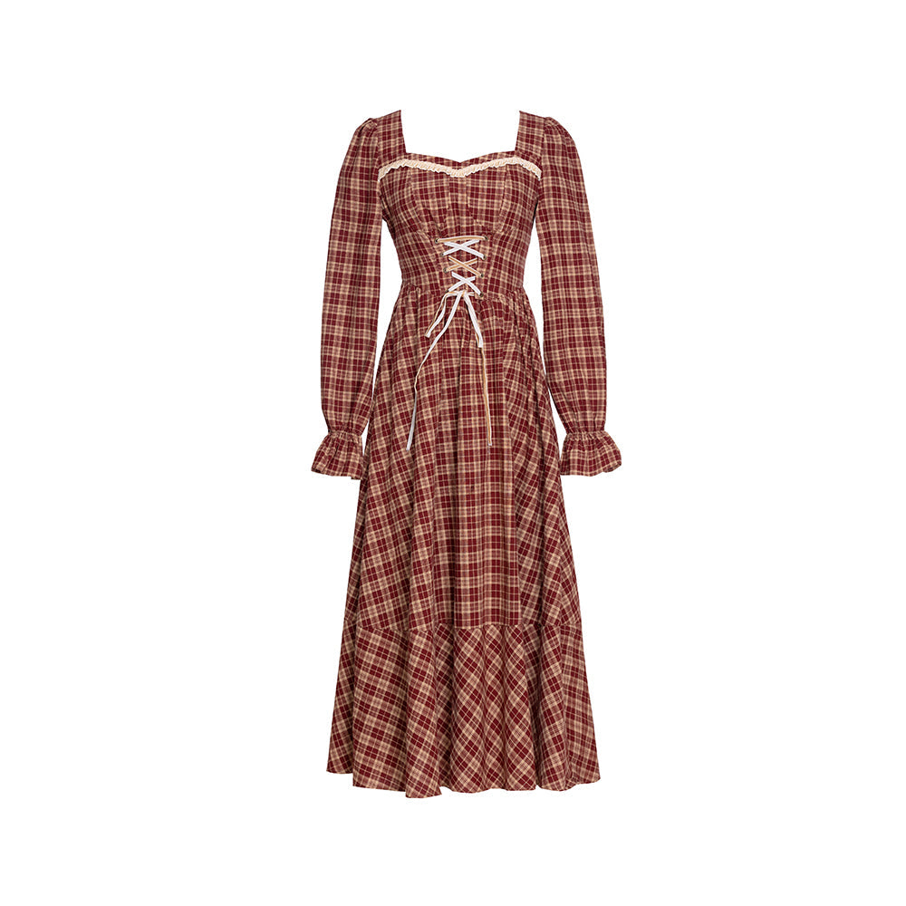 牧歌なお嬢様の格子柄レトロワンピース