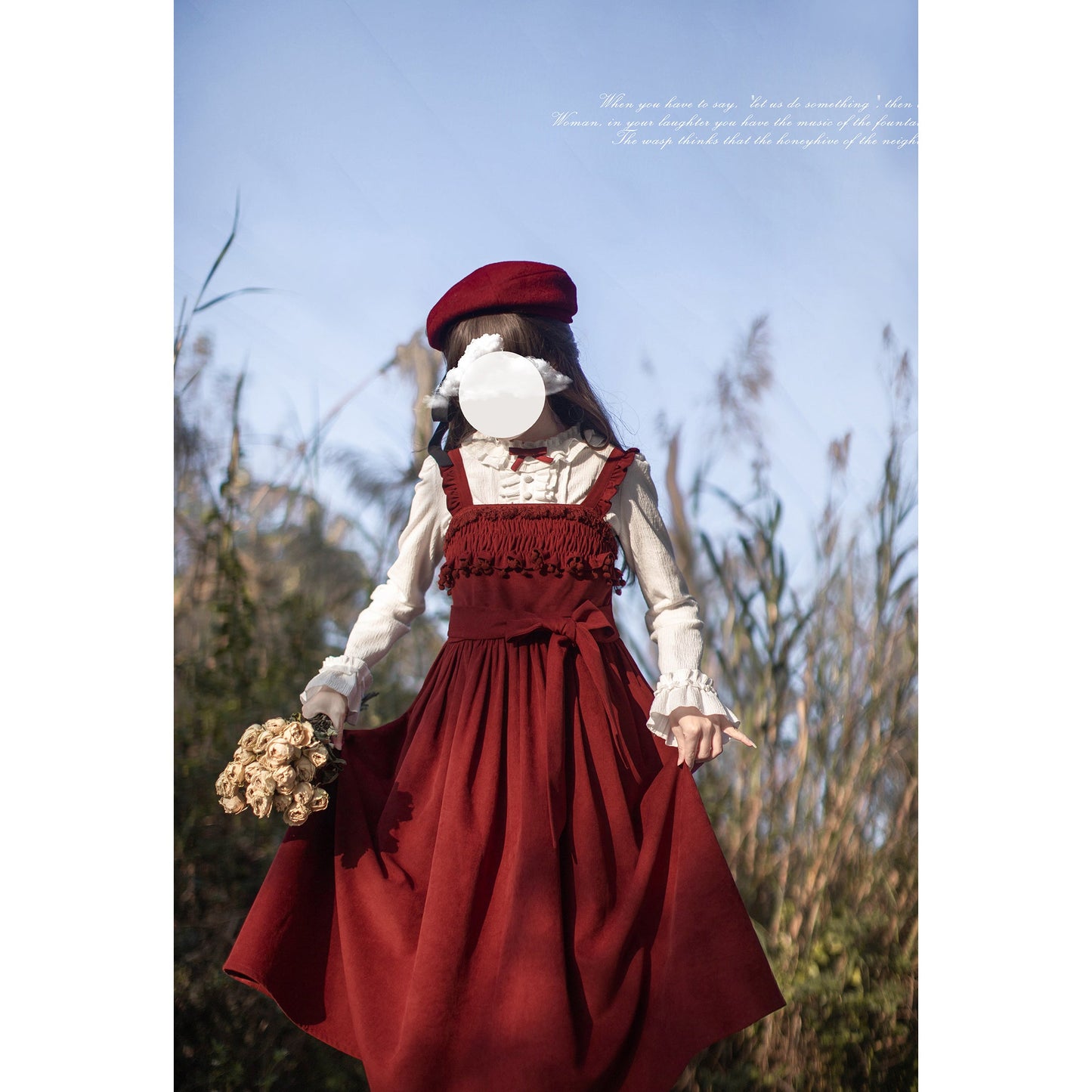 深紅のお嬢様のリボンジャンパースカートとブラウスとカーディガン