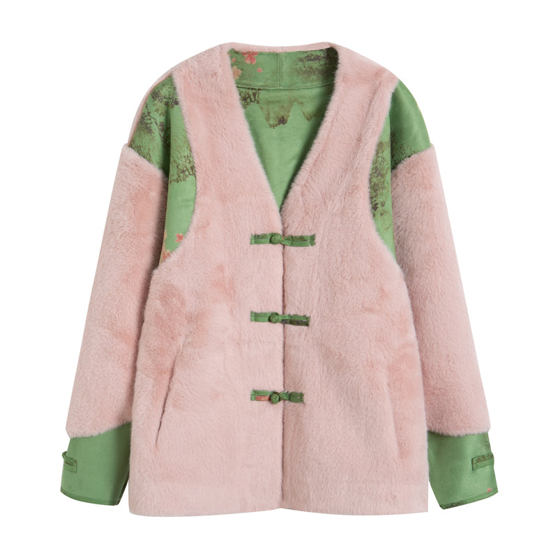 桜色と花絵画のチャイナボアジャケット