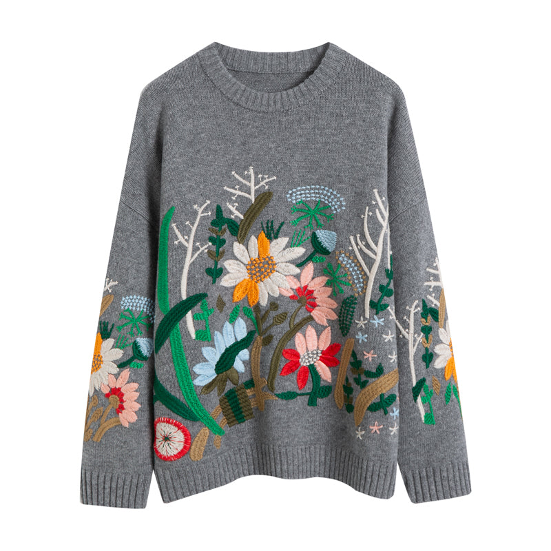 庭園の刺繍ニットセーター