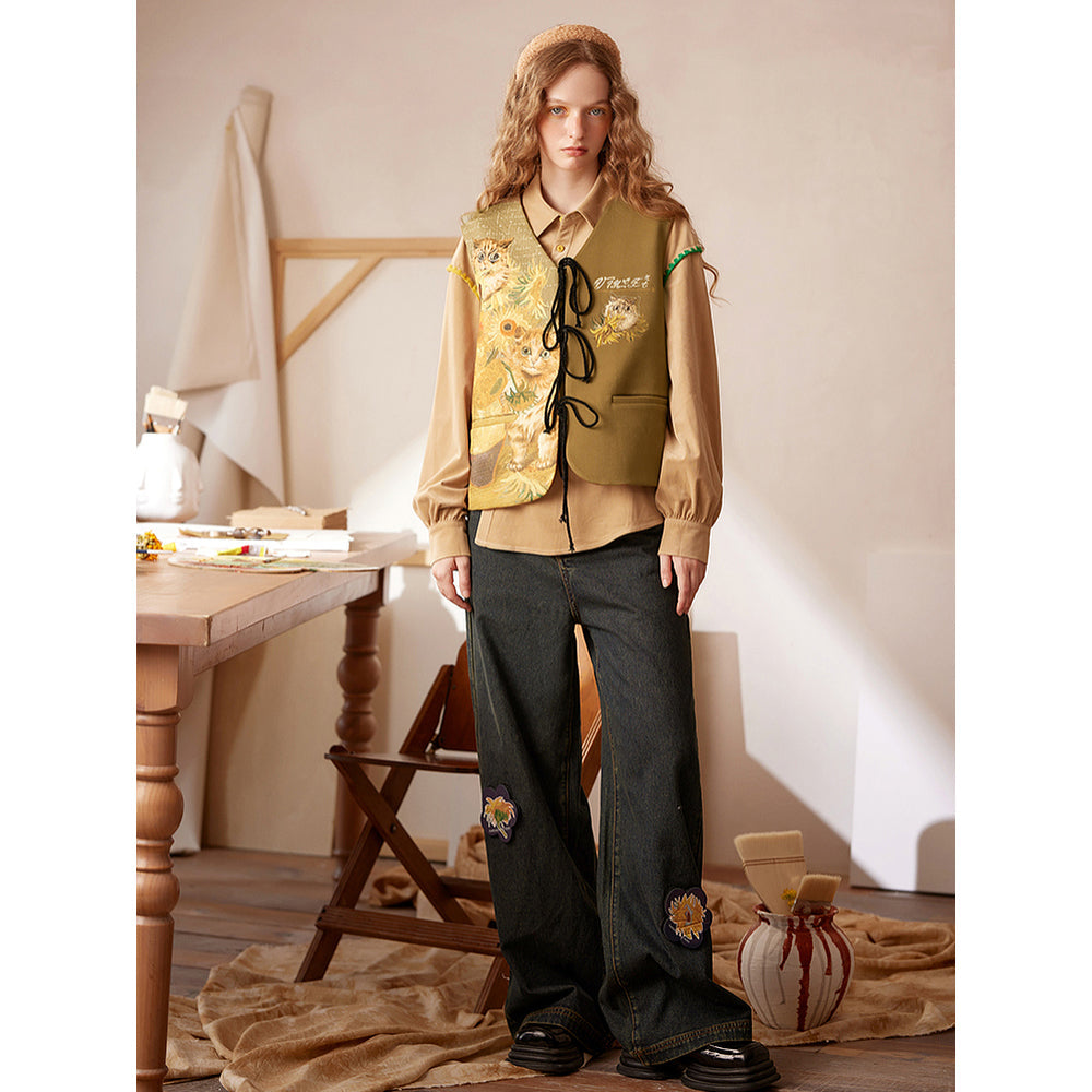 花瓶の向日葵と猫の刺繍ベスト