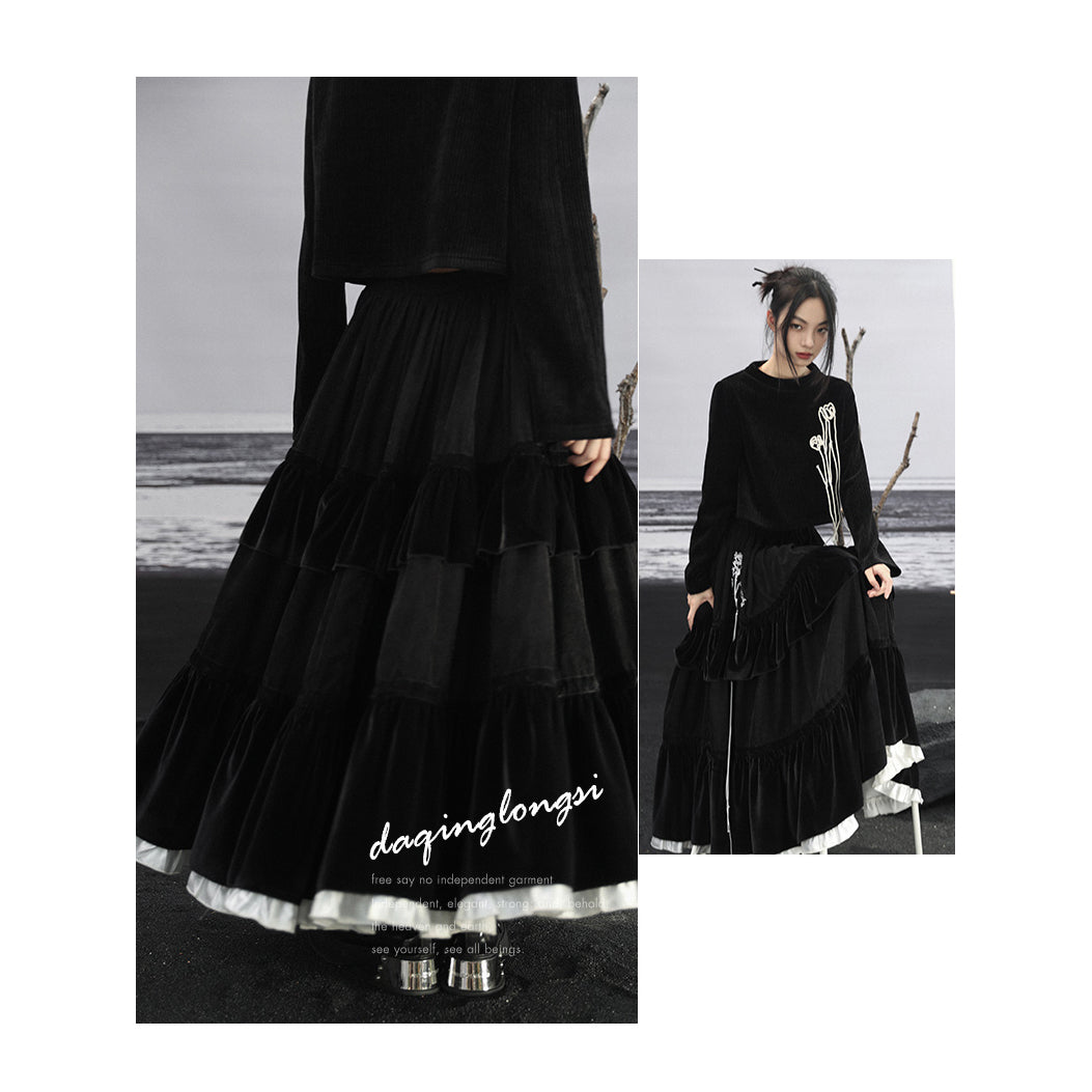 漆黒の薔薇刺繍ベルベットロングスカート