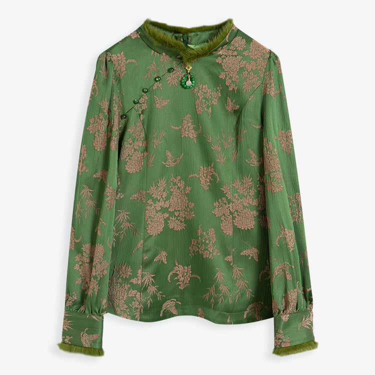 黄緑の花木柄のジャガードチャイナトップス
