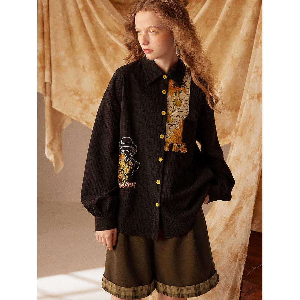 花瓶の向日葵の刺繍パッチワークブラウス