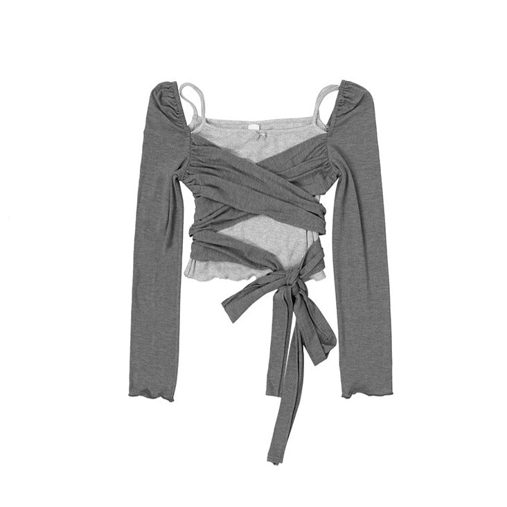 Fake two-piece wrap-style knitted sweater