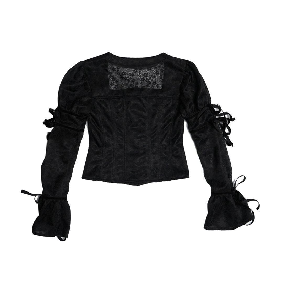 Flower lace pearl see-through long-sleeved shirt