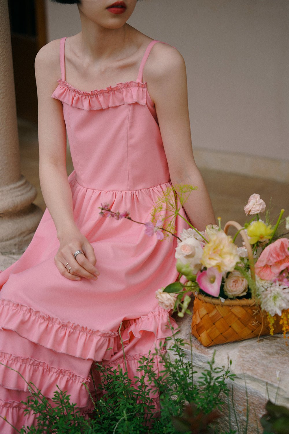 Fungus lace one-word collar slimming slim suspender dress