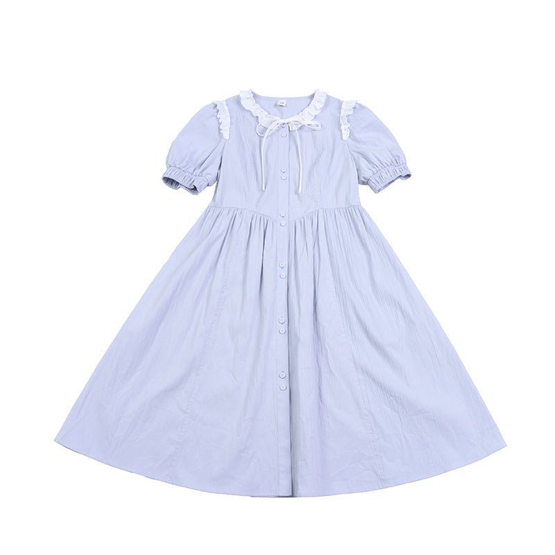 Gray blue shirt skirt ruffled lace collar dress