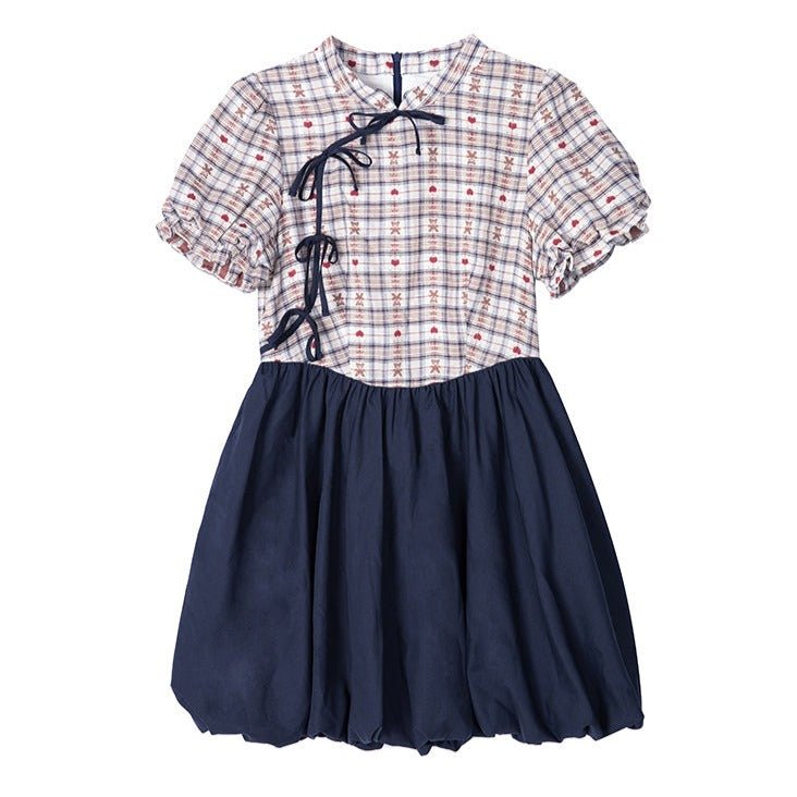 Improved cheongsam dress waist plaid stitching bud dress