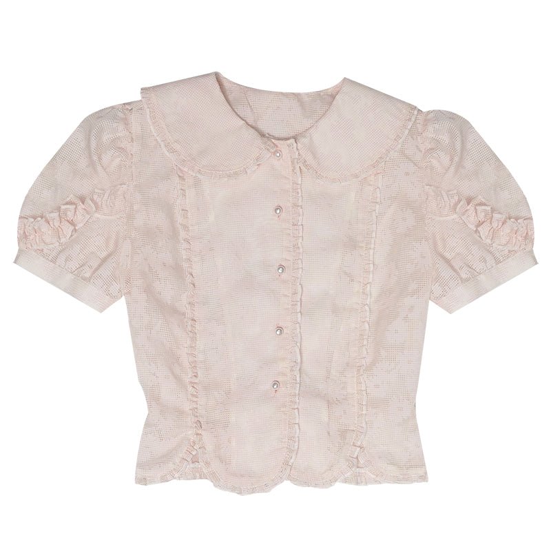 Jacquard petal shape waist puff sleeve short-sleeved shirt