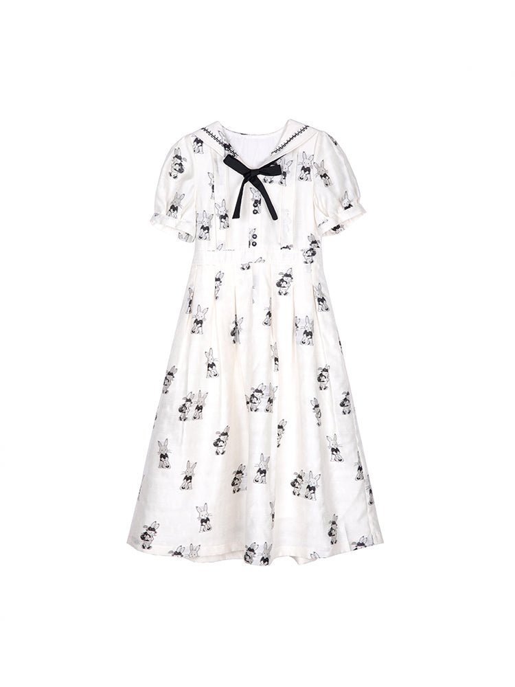 Lace navy collar dress high waist pleated skirt