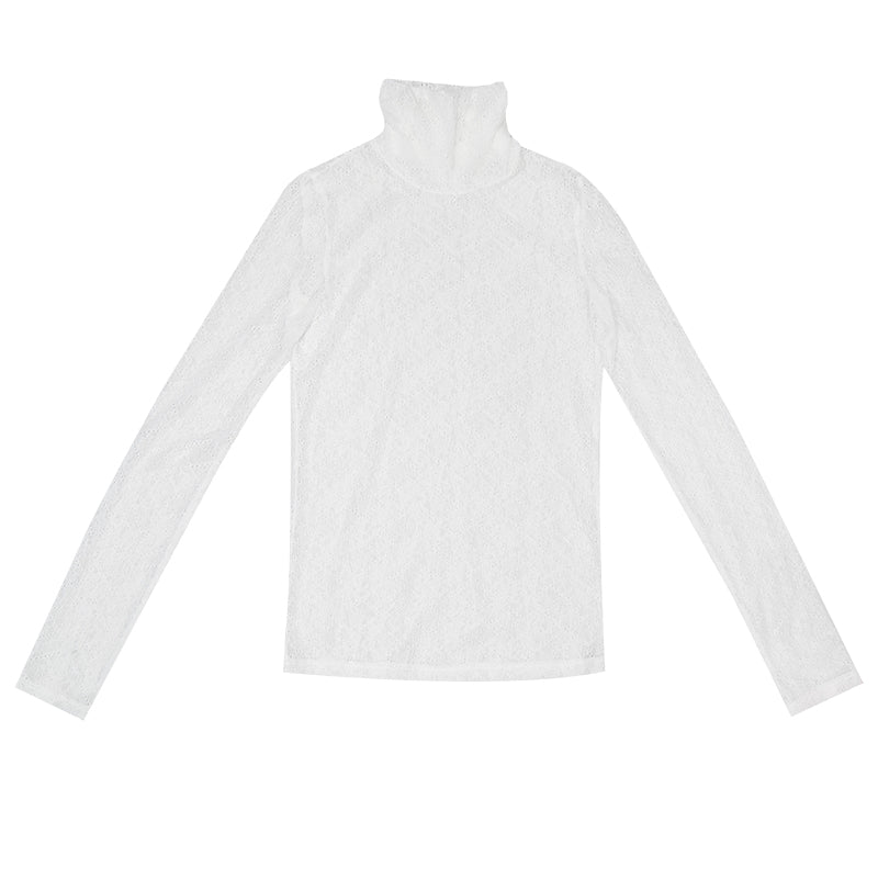 Lace See-through Turtleneck Long Sleeve Bottoming Top