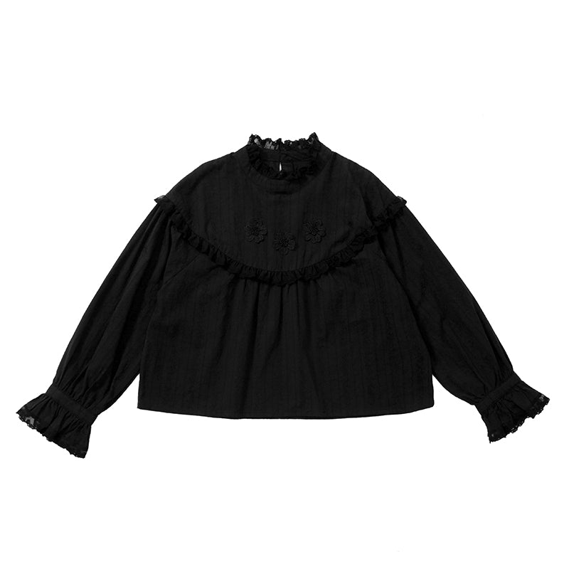 Lace Stand Collar Puff Sleeve Shirt Tops