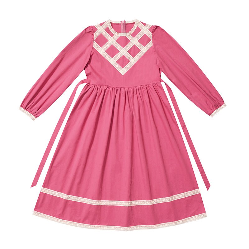 Lace stitching round neck lantern sleeve A-line dress