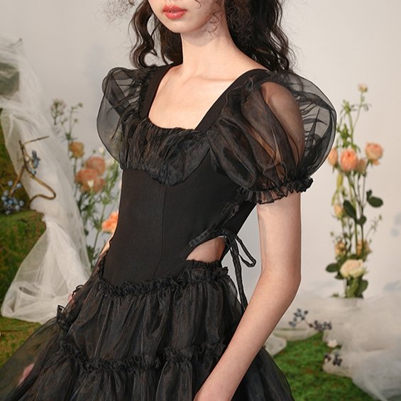Little Black Organza Waistless Puff Sleeve Dress