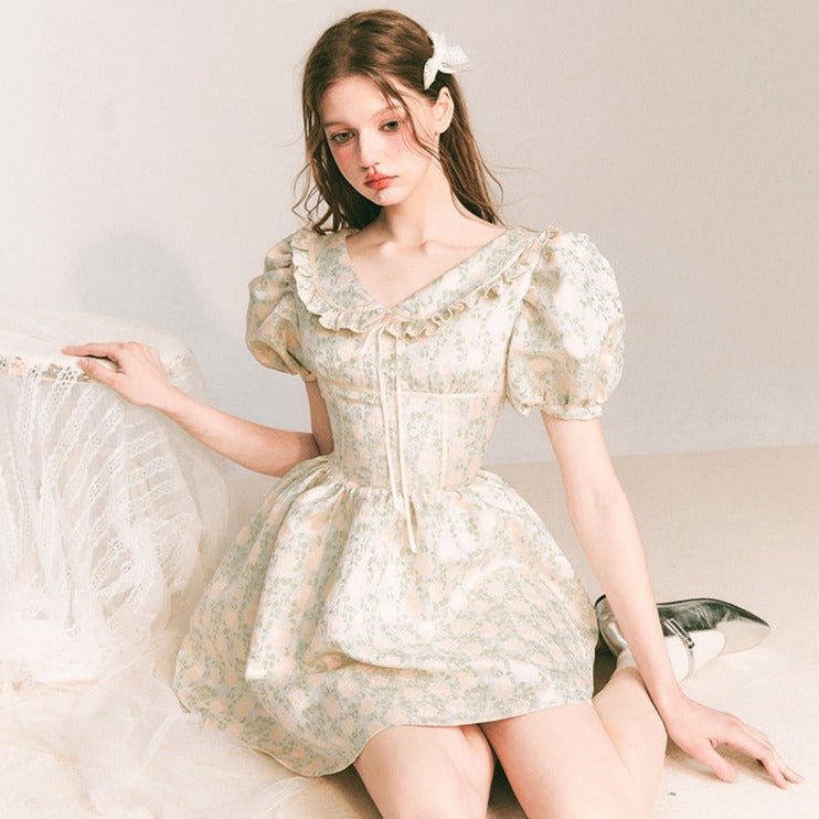 Little Lime Dress Jacquard V-neck Puff Sleeves