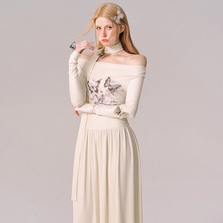 Moon goddess print skirt boat neck dress