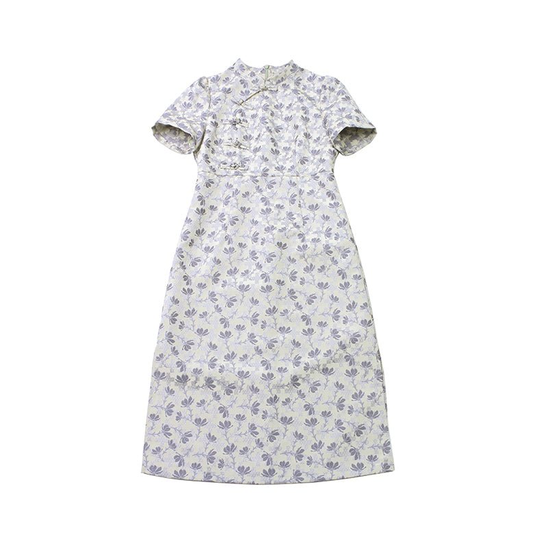 New Chinese style slim waist button floral dress