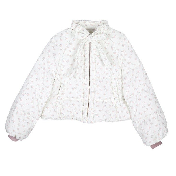 Off-white floral stand collar short down jacket