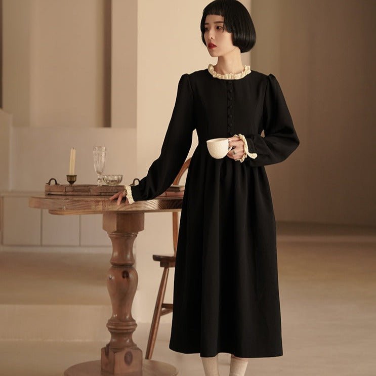 Collar ruffle sophisticated black lady's dress – remulia Collar ruffle sophisticated black lady's dress – remulia