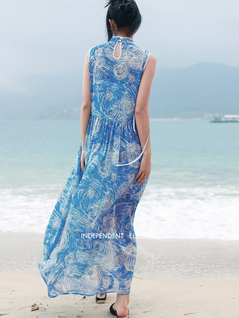 星月夜の油彩画チャイナワンピース